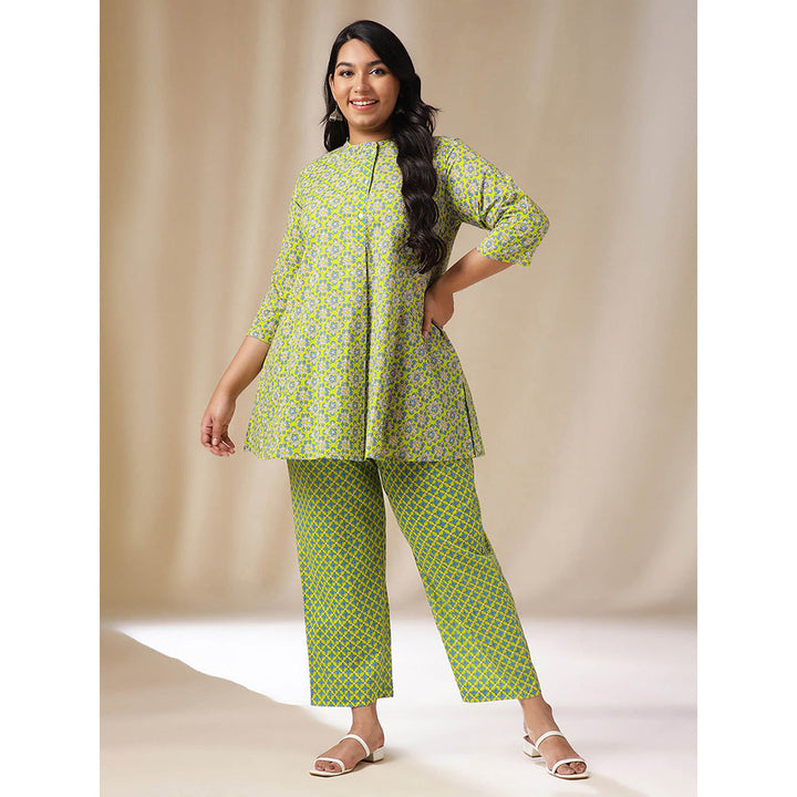 Janasya Women Plus Size Green Floral Printed Tunic with Pant (Set of 2)