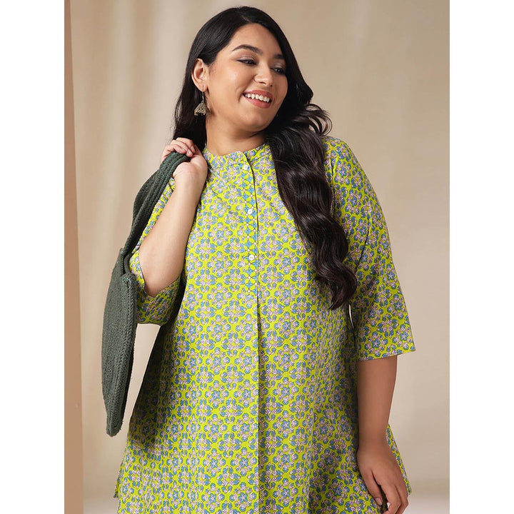 Janasya Women Plus Size Green Floral Printed Tunic with Pant (Set of 2)