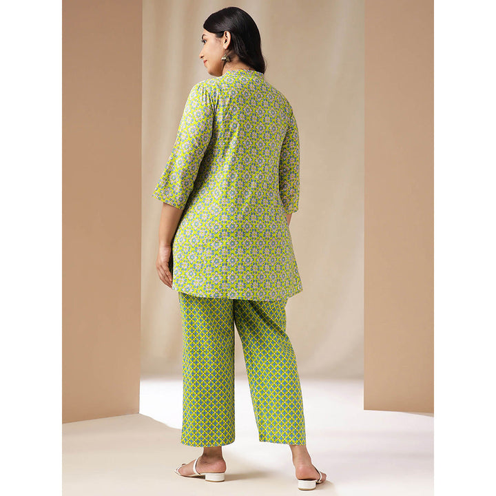 Janasya Women Plus Size Green Floral Printed Tunic with Pant (Set of 2)