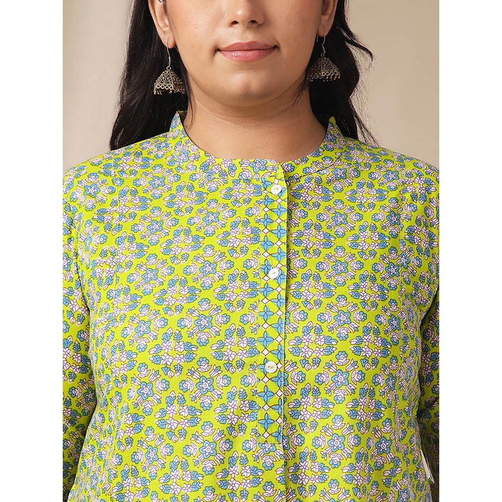 Janasya Women Plus Size Green Floral Printed Tunic with Pant (Set of 2)