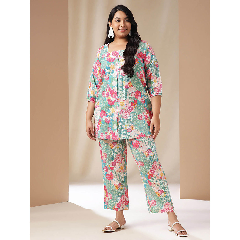 Janasya Women Blue Floral Printed Tunic with Pant (Set of 2)