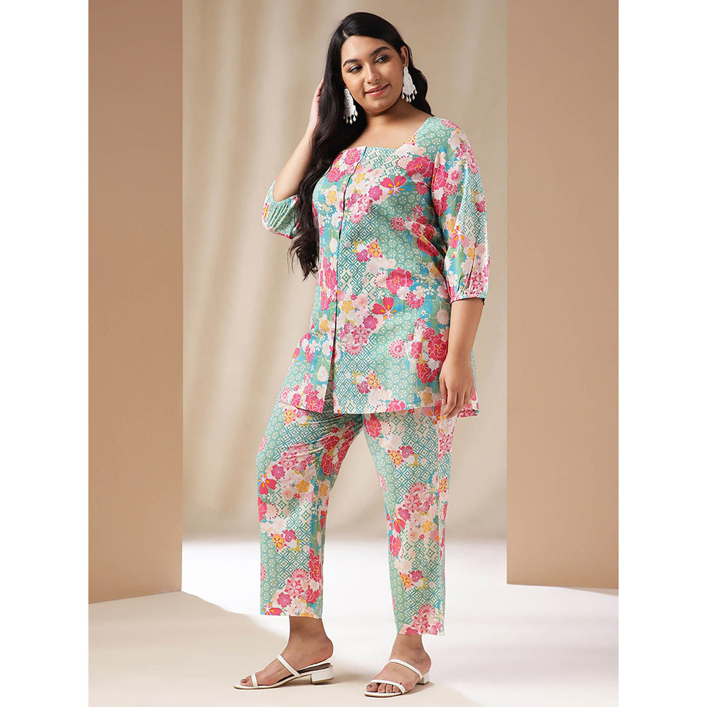 Janasya Women Blue Floral Printed Tunic with Pant (Set of 2)