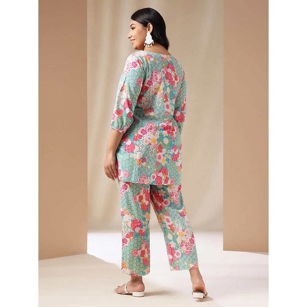 Janasya Women Blue Floral Printed Tunic with Pant (Set of 2)