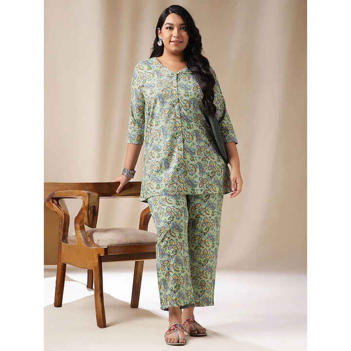 Janasya Women Plus Size Green Floral Printed Tunic with Pant (Set of 2)