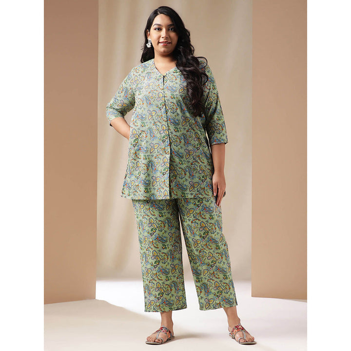 Janasya Women Plus Size Green Floral Printed Tunic with Pant (Set of 2)