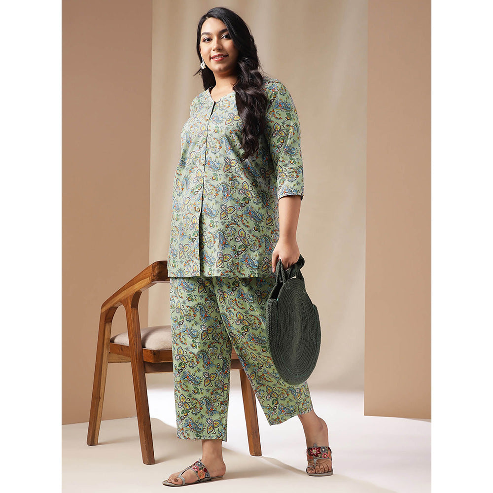 Janasya Women Plus Size Green Floral Printed Tunic with Pant (Set of 2)