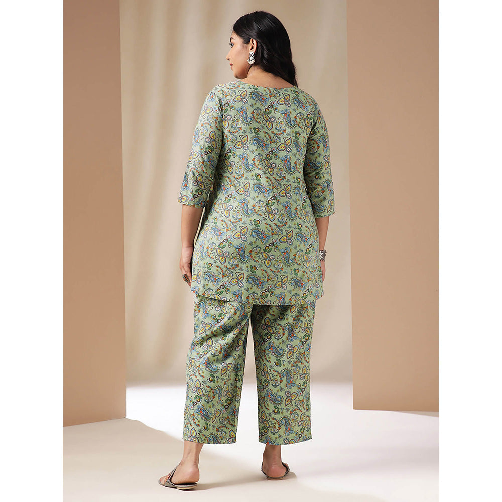 Janasya Women Plus Size Green Floral Printed Tunic with Pant (Set of 2)