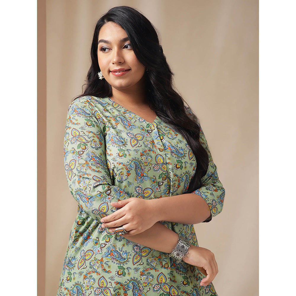 Janasya Women Plus Size Green Floral Printed Tunic with Pant (Set of 2)