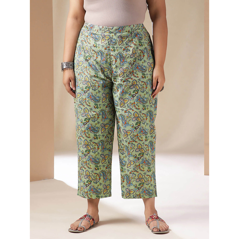 Janasya Women Plus Size Green Floral Printed Tunic with Pant (Set of 2)