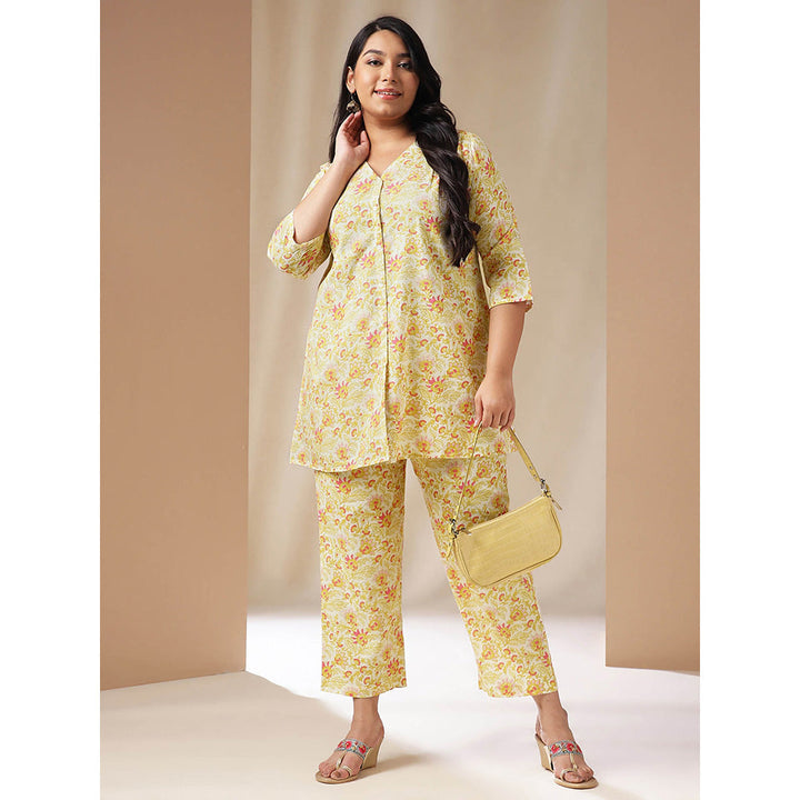 Janasya Women Plus Size Off White Floral Printed Tunic with Pant (Set of 2)