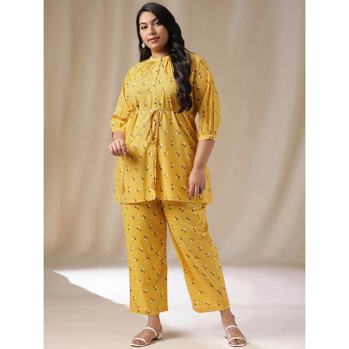 Janasya Women Plus Size Mustard Geometric Tunic with Pant and Belt (Set of 3)