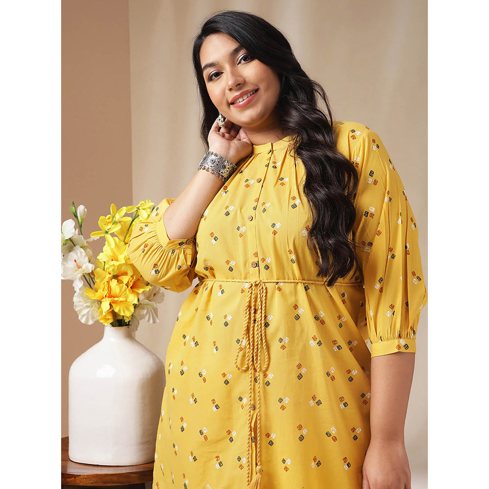 Janasya Women Plus Size Mustard Geometric Tunic with Pant and Belt (Set of 3)