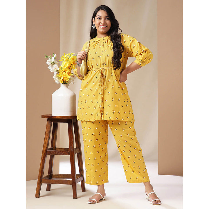 Janasya Women Plus Size Mustard Geometric Tunic with Pant and Belt (Set of 3)