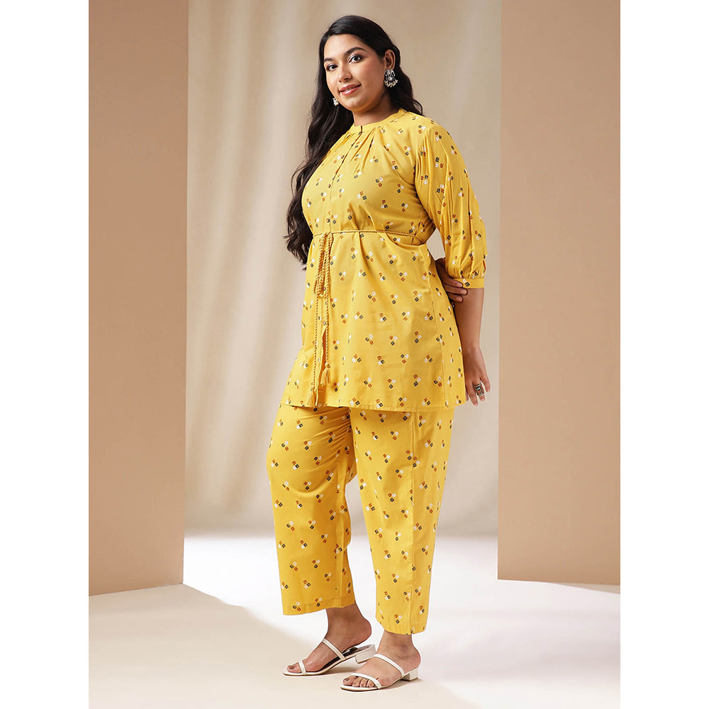 Janasya Women Plus Size Mustard Geometric Tunic with Pant and Belt (Set of 3)