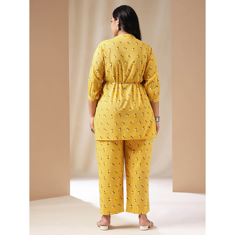 Janasya Women Plus Size Mustard Geometric Tunic with Pant and Belt (Set of 3)