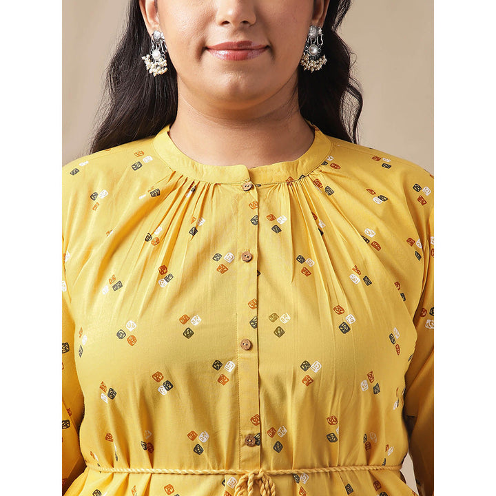 Janasya Women Plus Size Mustard Geometric Tunic with Pant and Belt (Set of 3)