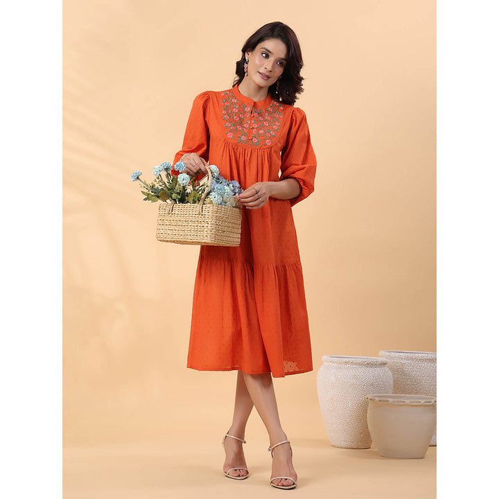 Janasya Women Rust Dobby Cotton Embroidered Dress