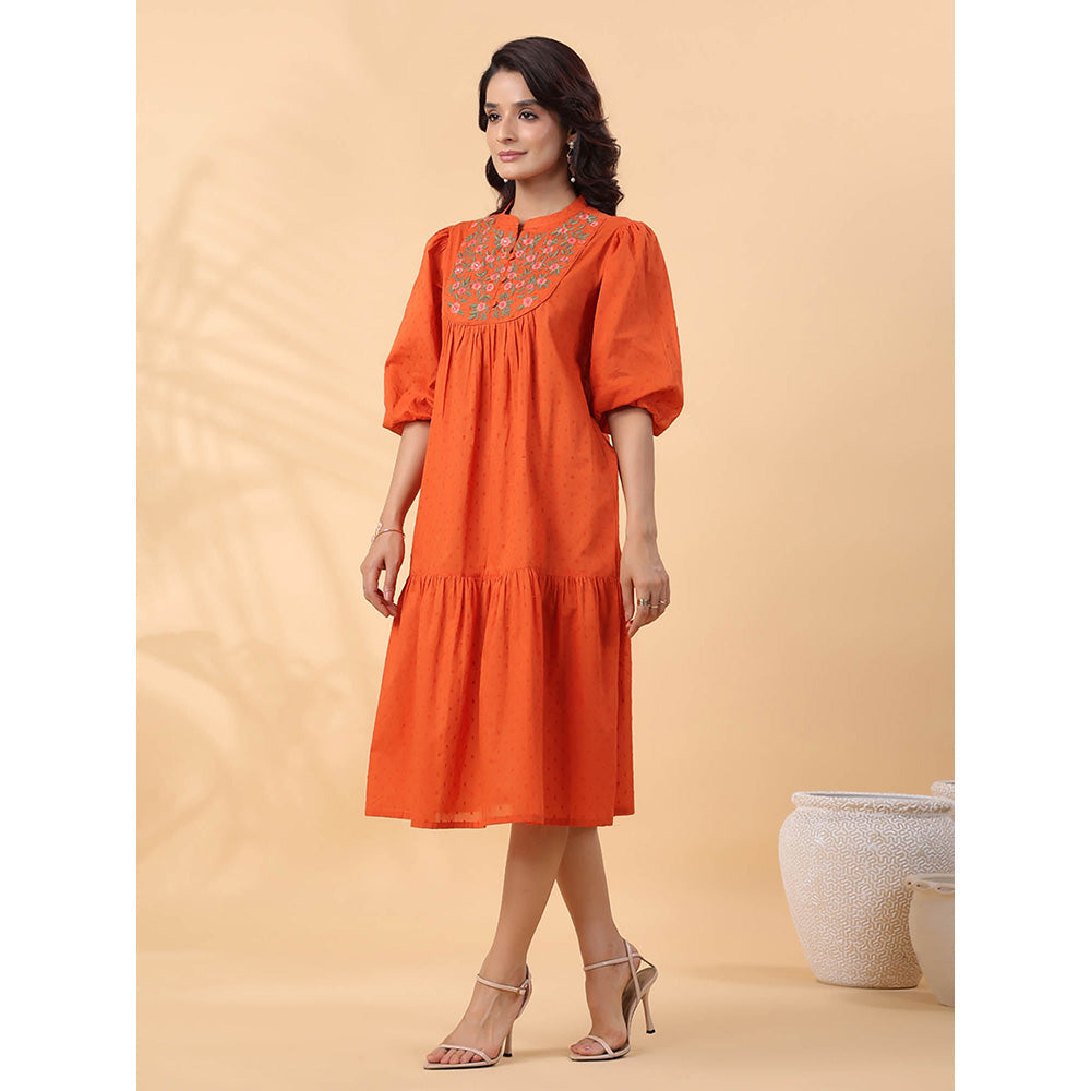 Janasya Women Rust Dobby Cotton Embroidered Dress