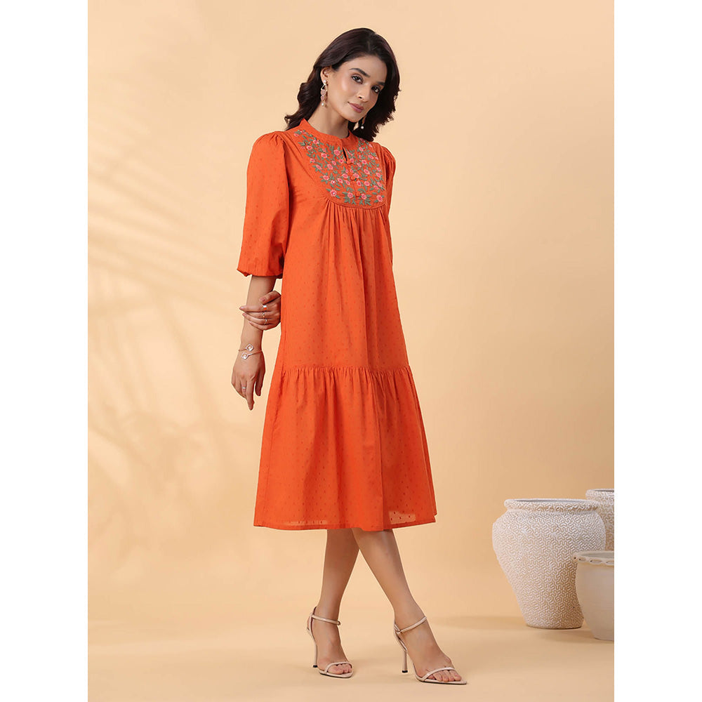 Janasya Women Rust Dobby Cotton Embroidered Dress