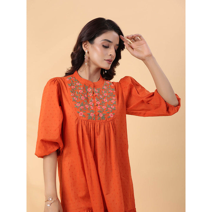 Janasya Women Rust Dobby Cotton Embroidered Dress