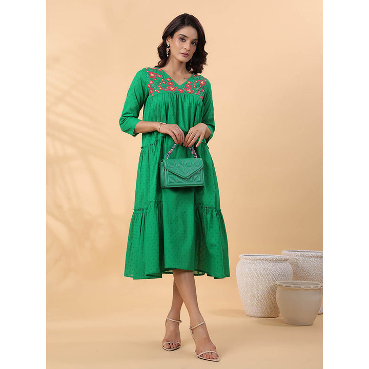 Janasya Women Green Dobby Cotton Embroidered Dress