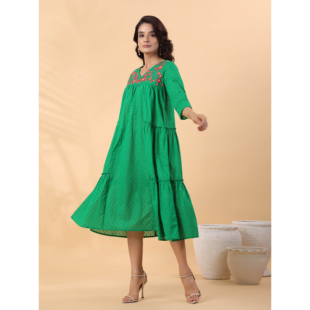 Janasya Women Green Dobby Cotton Embroidered Dress