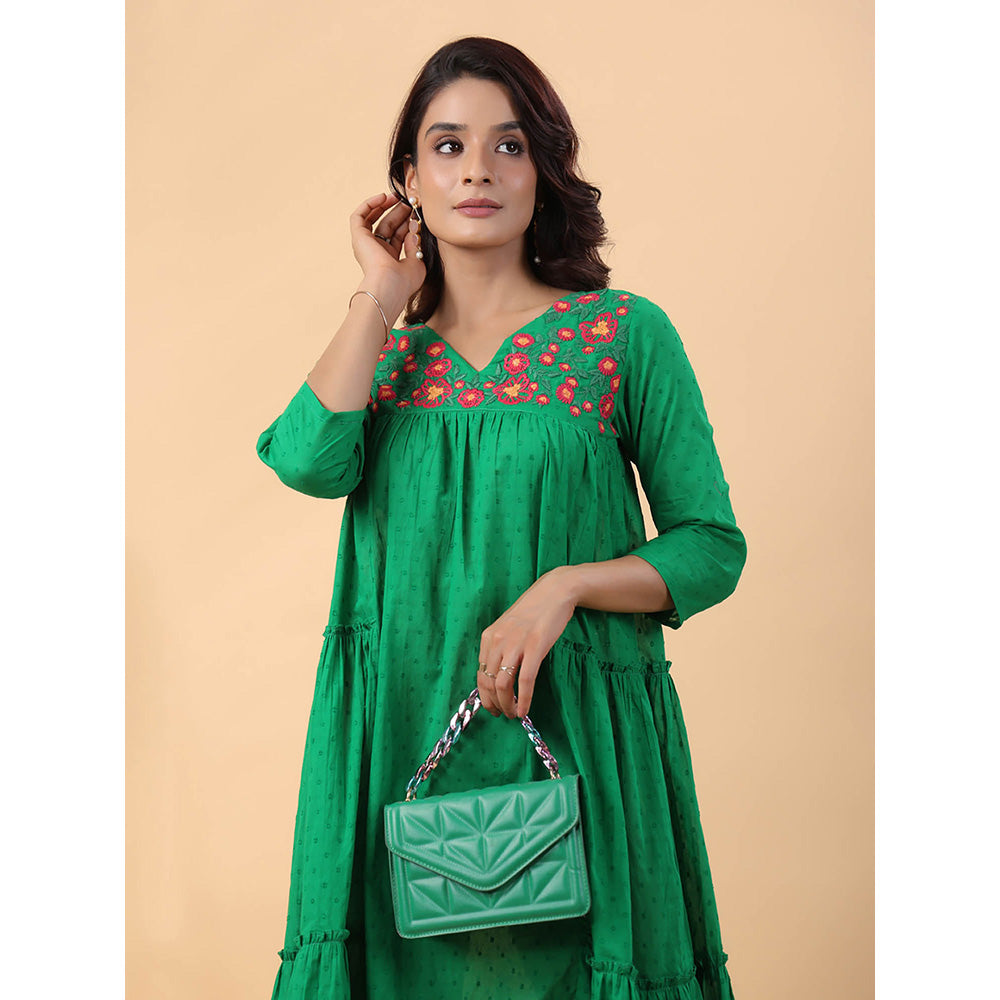 Janasya Women Green Dobby Cotton Embroidered Dress