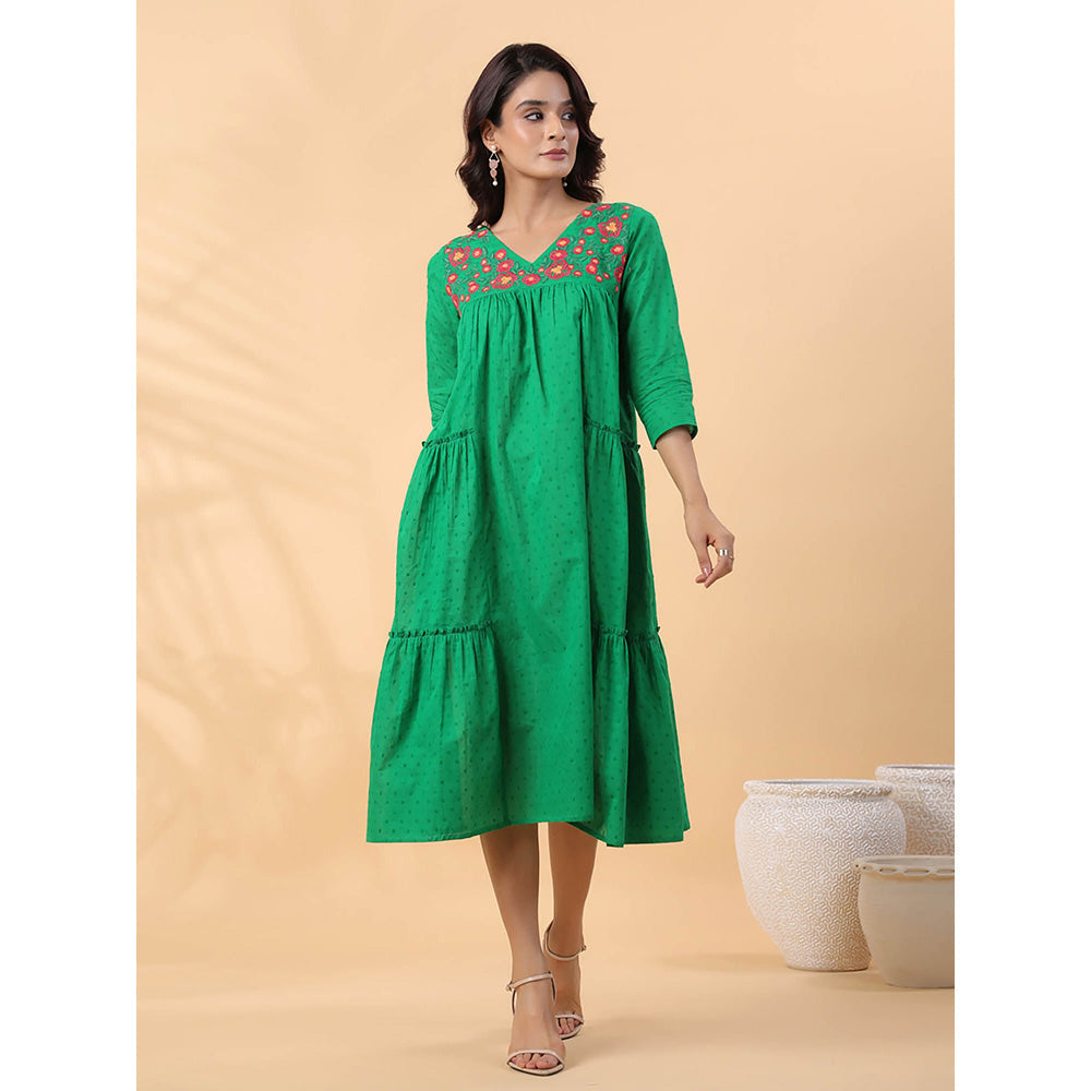 Janasya Women Green Dobby Cotton Embroidered Dress