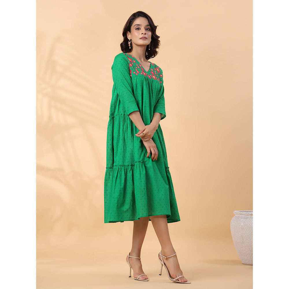 Janasya Women Green Dobby Cotton Embroidered Dress