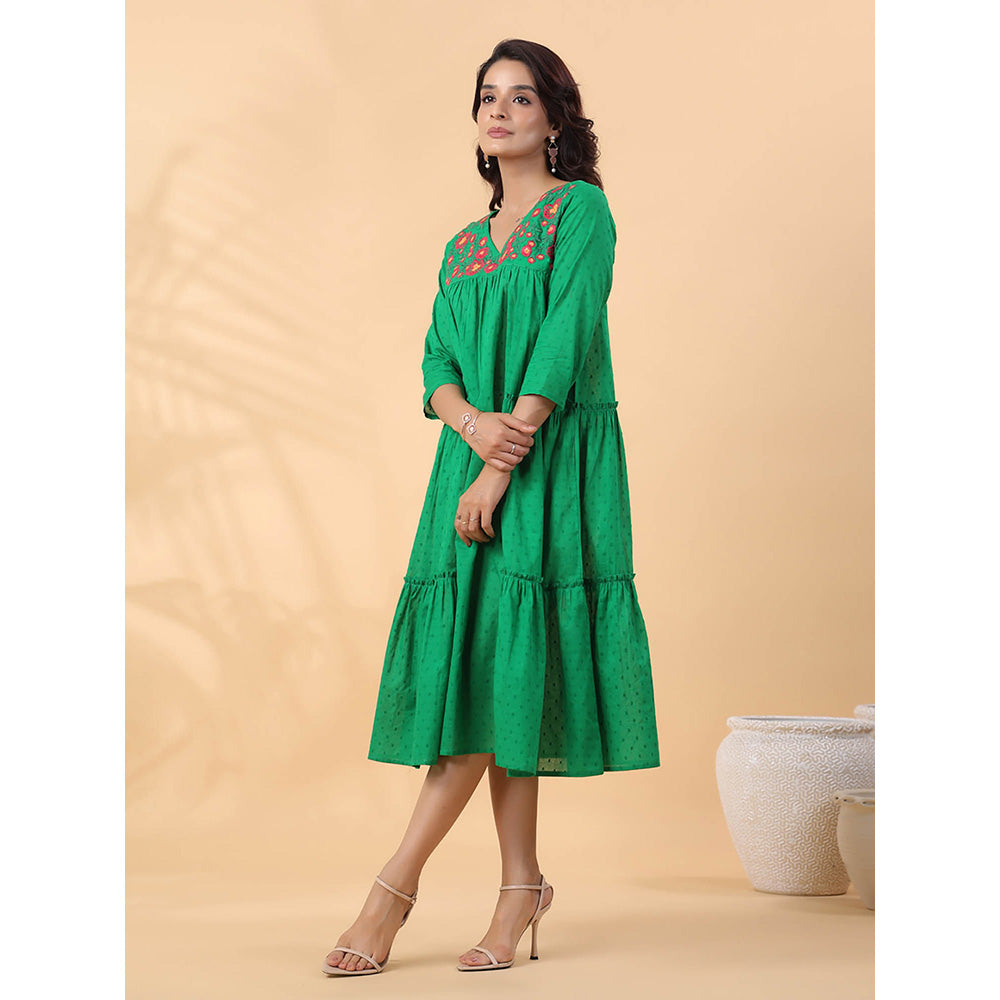 Janasya Women Green Dobby Cotton Embroidered Dress