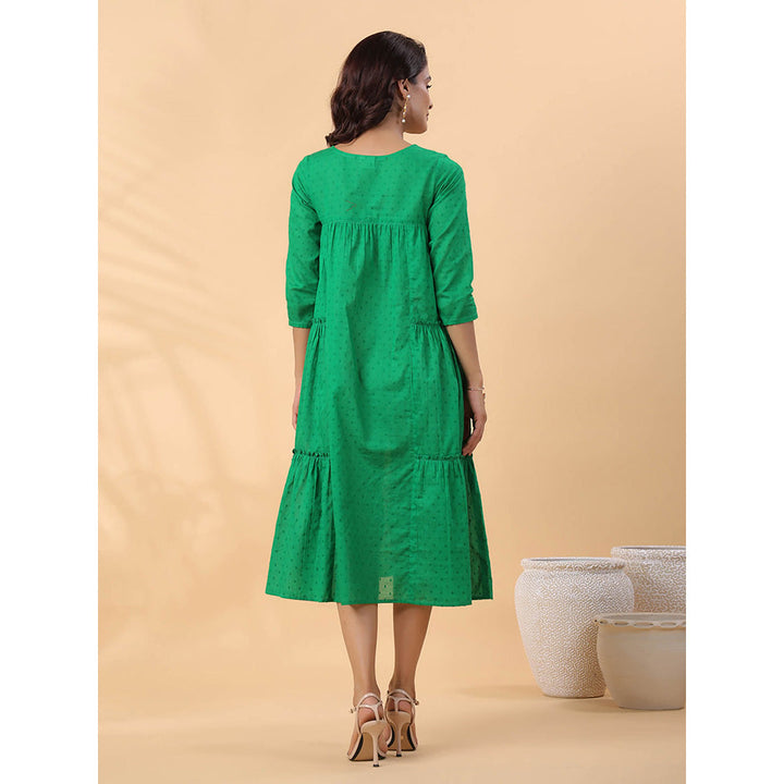 Janasya Women Green Dobby Cotton Embroidered Dress