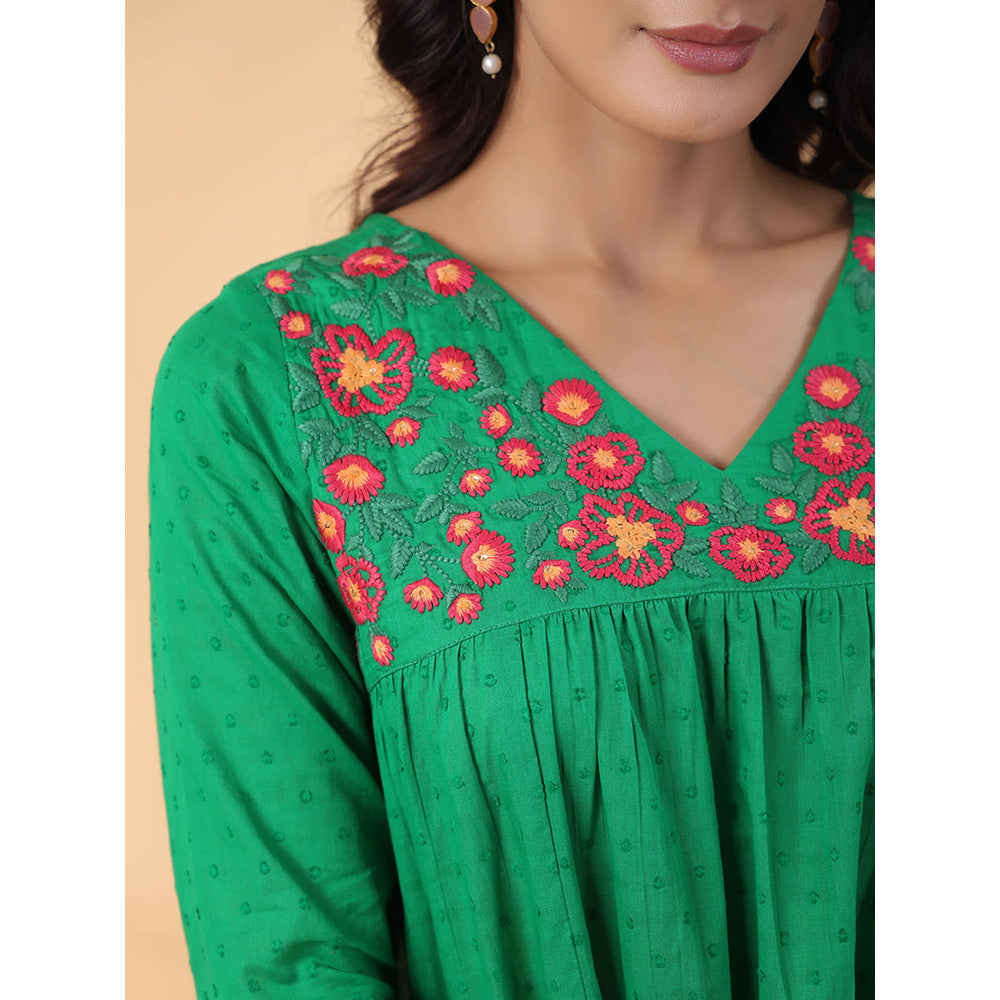 Janasya Women Green Dobby Cotton Embroidered Dress