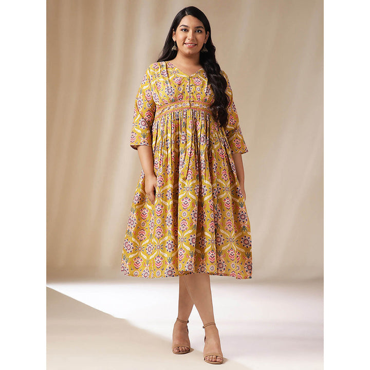 Janasya Women Plus Size Mustard Cotton Ethnic Motifs Dress