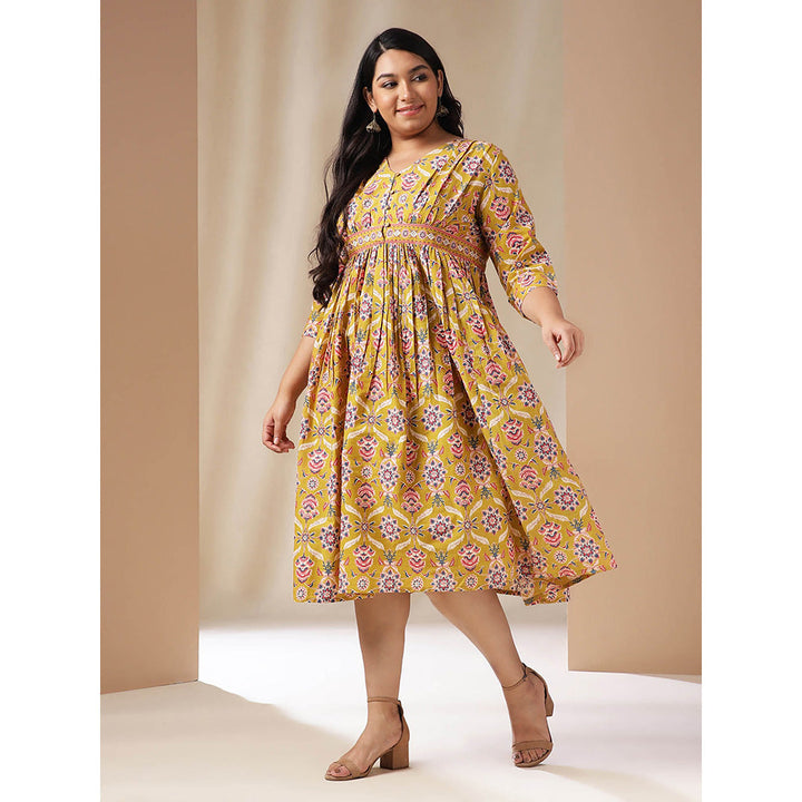 Janasya Women Plus Size Mustard Cotton Ethnic Motifs Dress