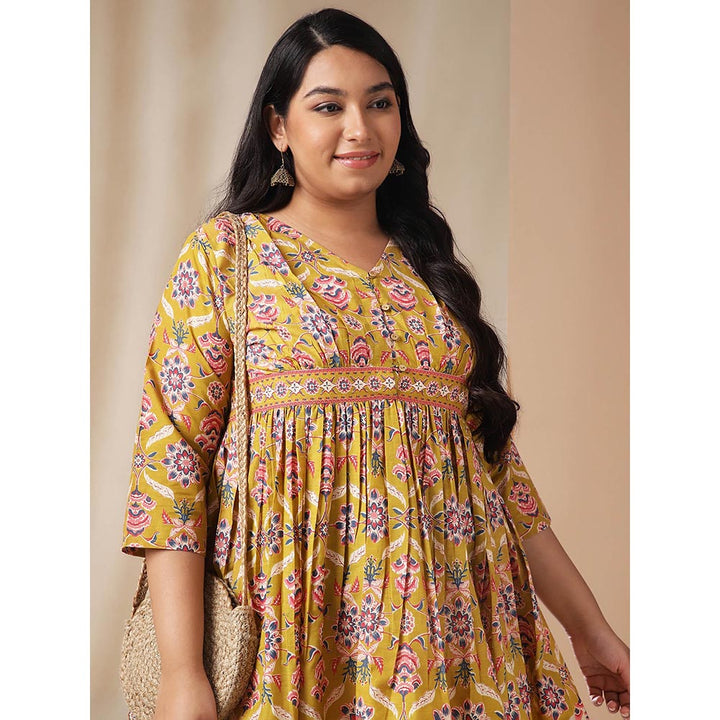 Janasya Women Plus Size Mustard Cotton Ethnic Motifs Dress