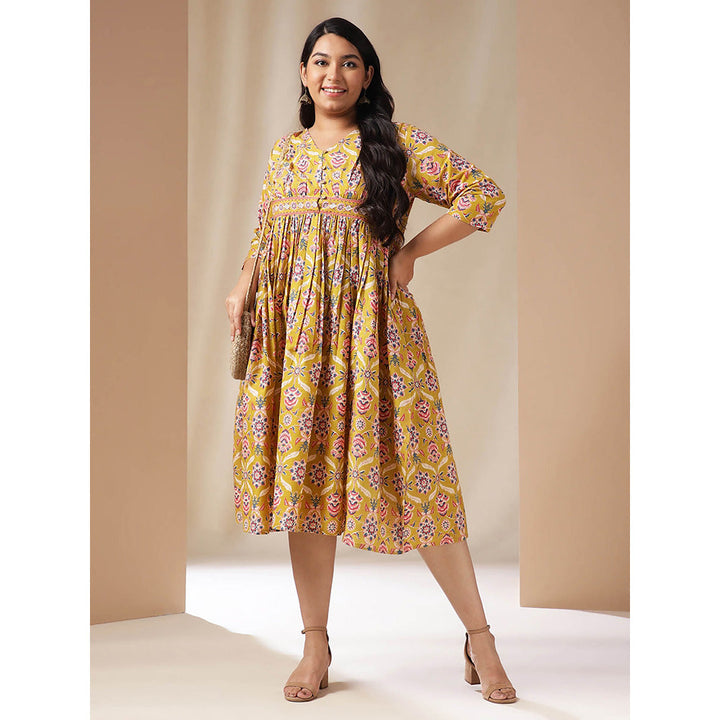 Janasya Women Plus Size Mustard Cotton Ethnic Motifs Dress