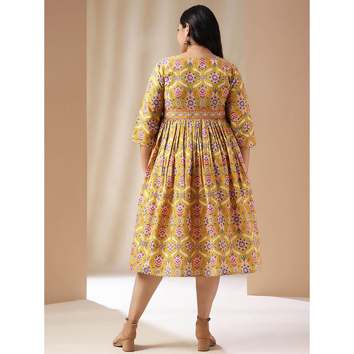 Janasya Women Plus Size Mustard Cotton Ethnic Motifs Dress