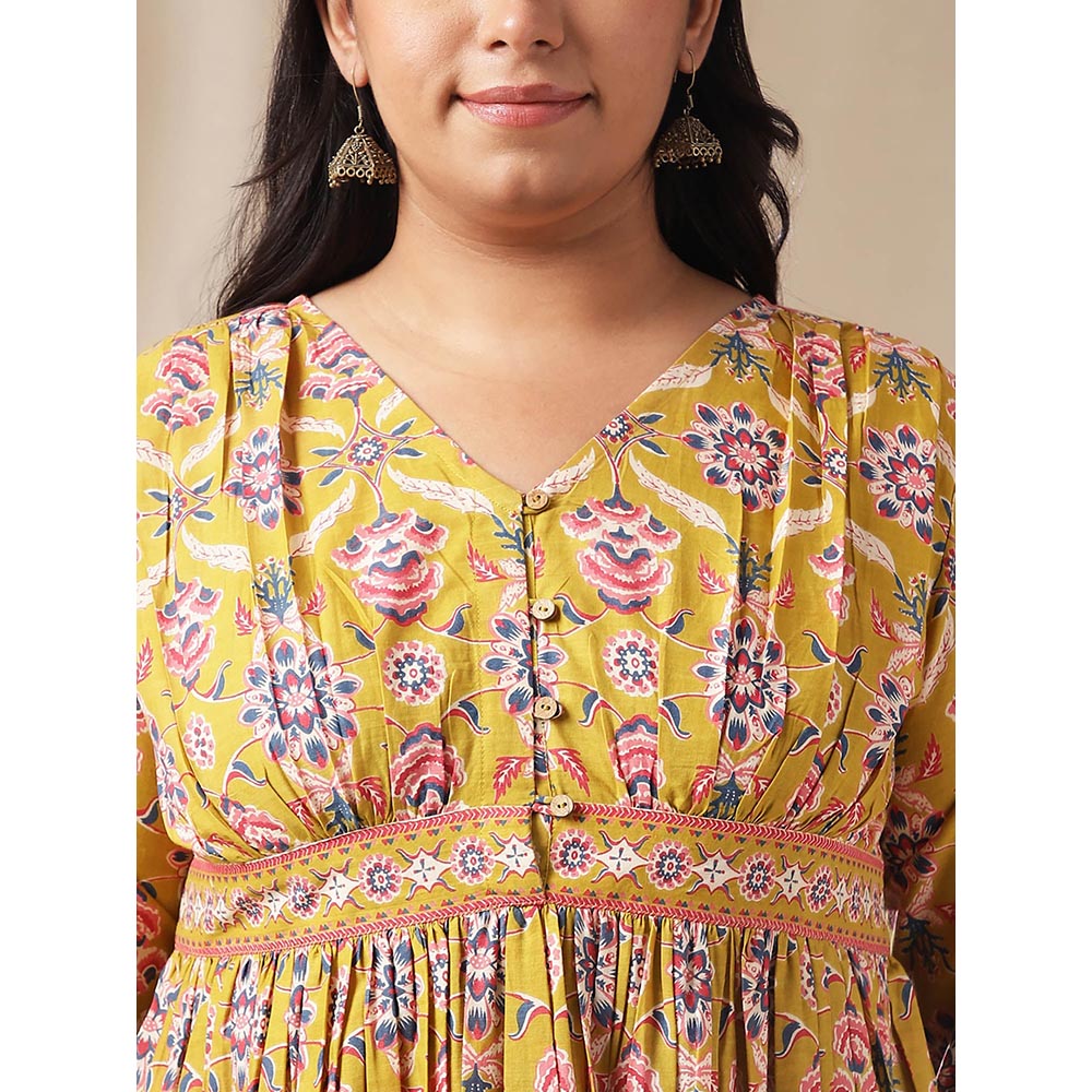 Janasya Women Plus Size Mustard Cotton Ethnic Motifs Dress