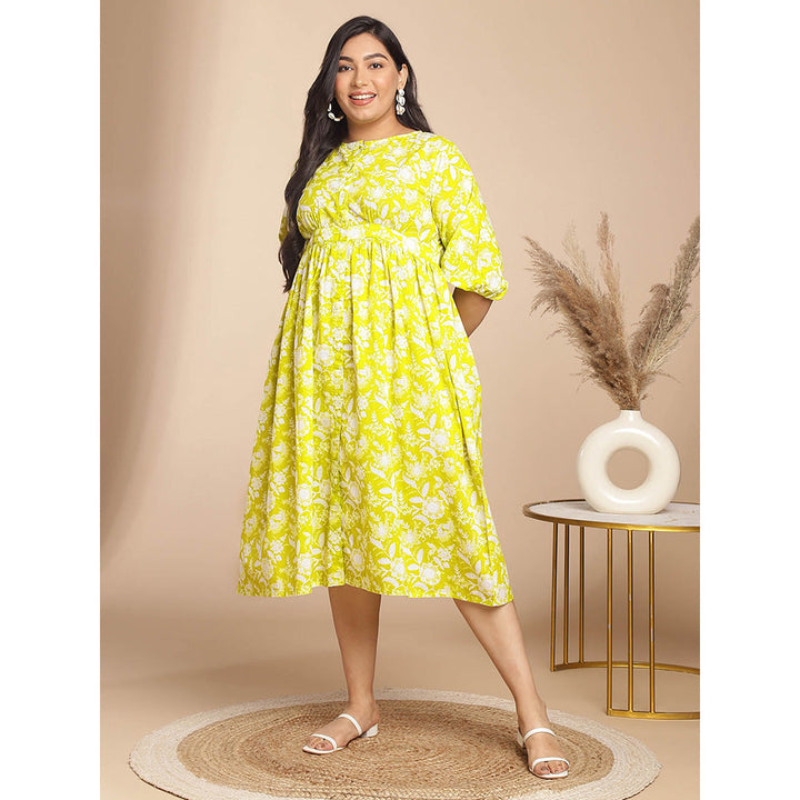 Janasya Women Plus Size Lime Green Cotton Floral Dress