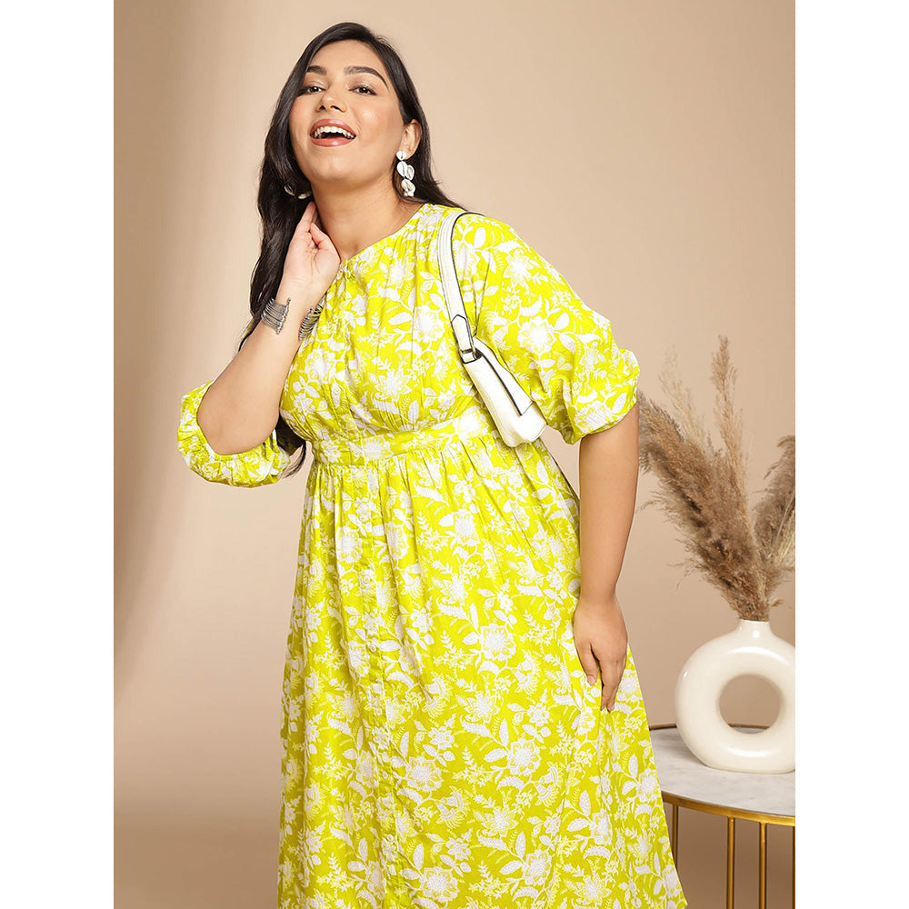 Janasya Women Plus Size Lime Green Cotton Floral Dress