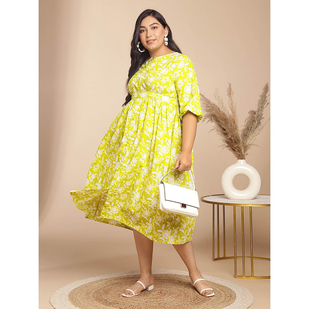 Janasya Women Plus Size Lime Green Cotton Floral Dress