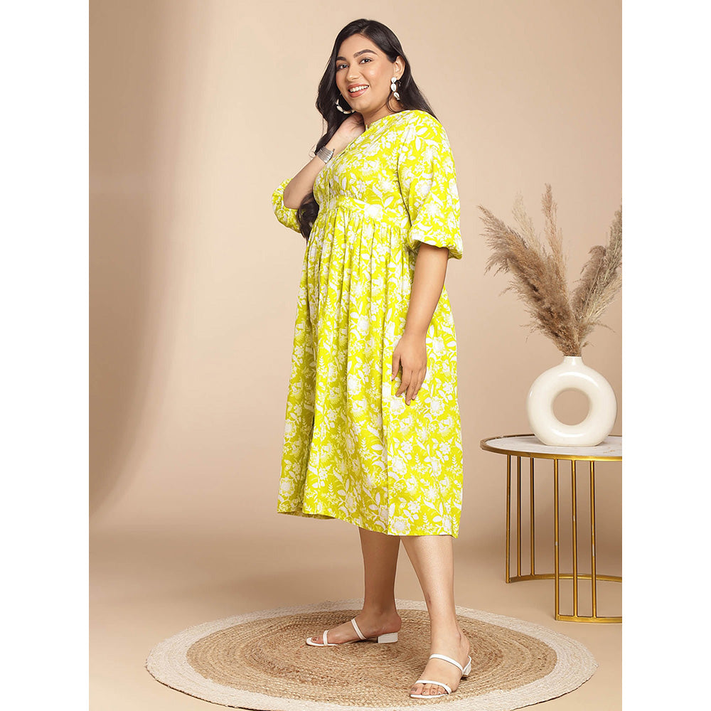 Janasya Women Plus Size Lime Green Cotton Floral Dress