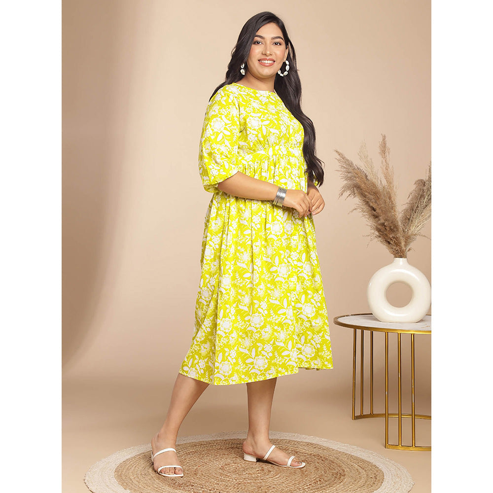 Janasya Women Plus Size Lime Green Cotton Floral Dress