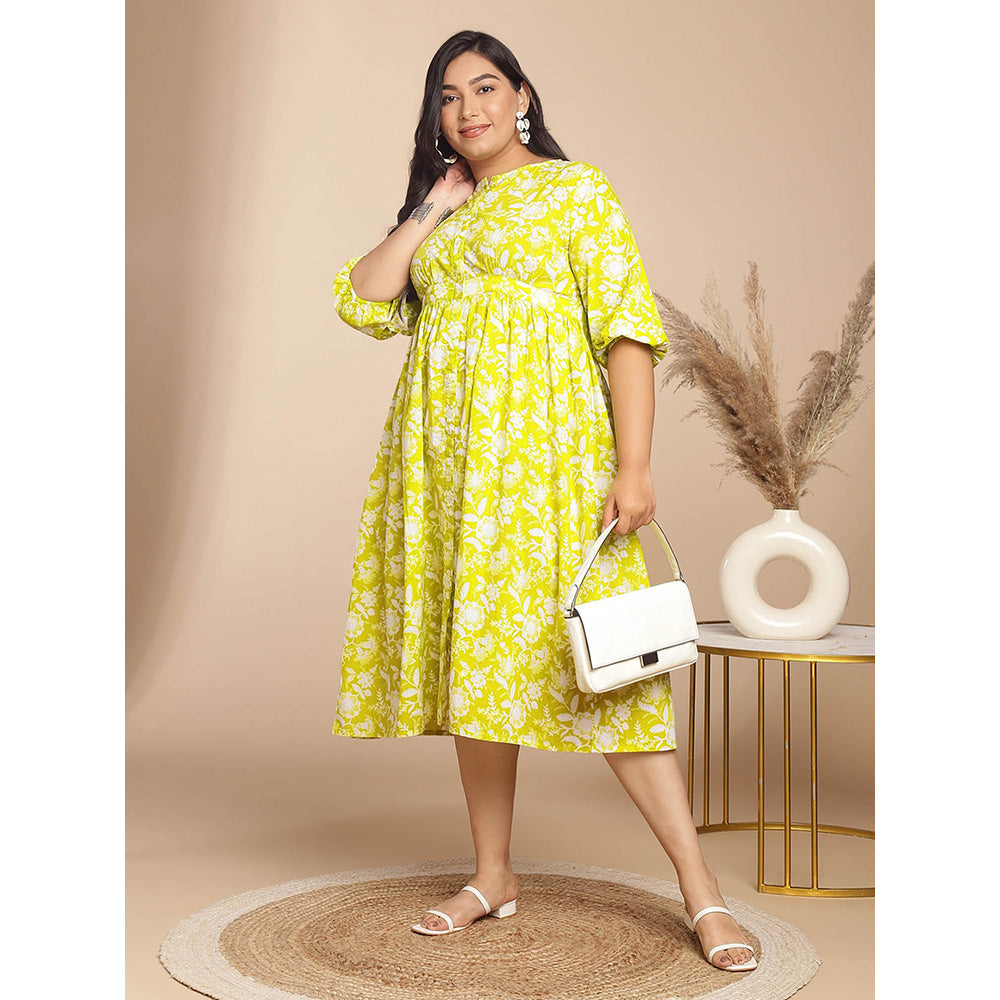 Janasya Women Plus Size Lime Green Cotton Floral Dress