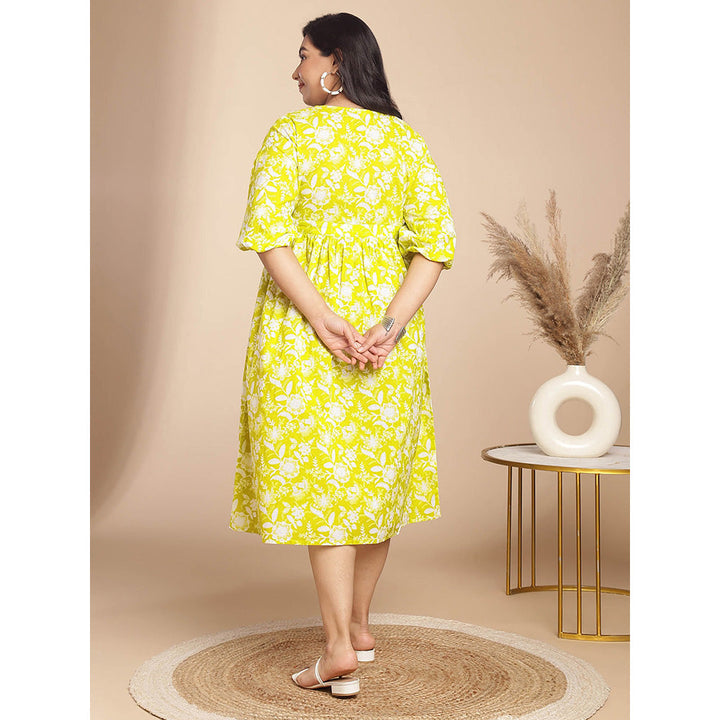 Janasya Women Plus Size Lime Green Cotton Floral Dress