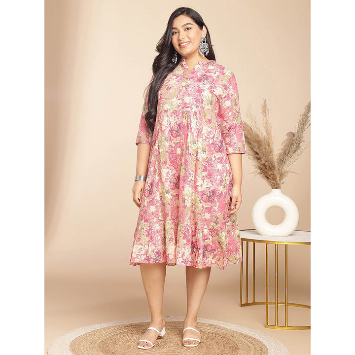 Janasya Women Plus Size Pink Cotton Floral Dress