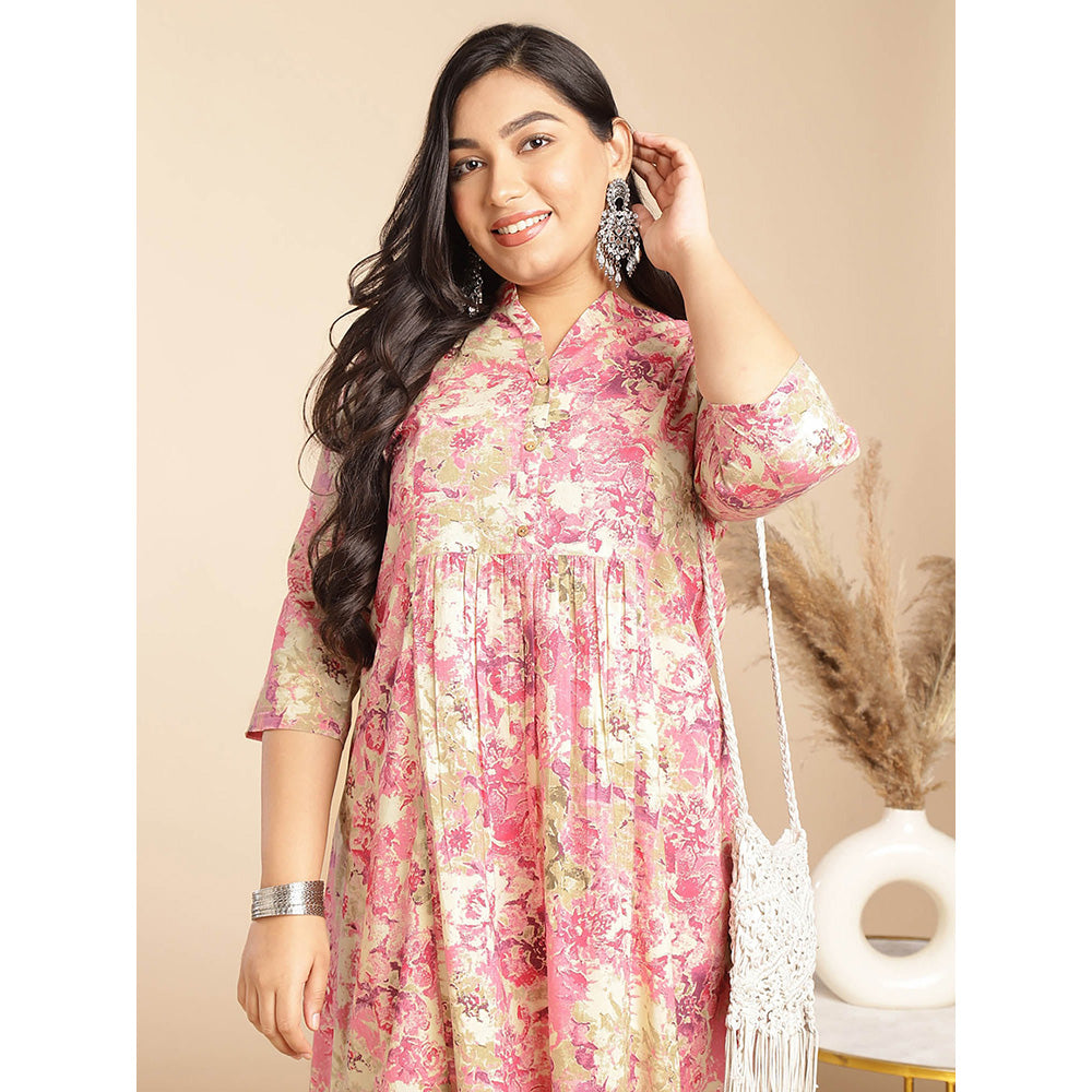 Janasya Women Plus Size Pink Cotton Floral Dress