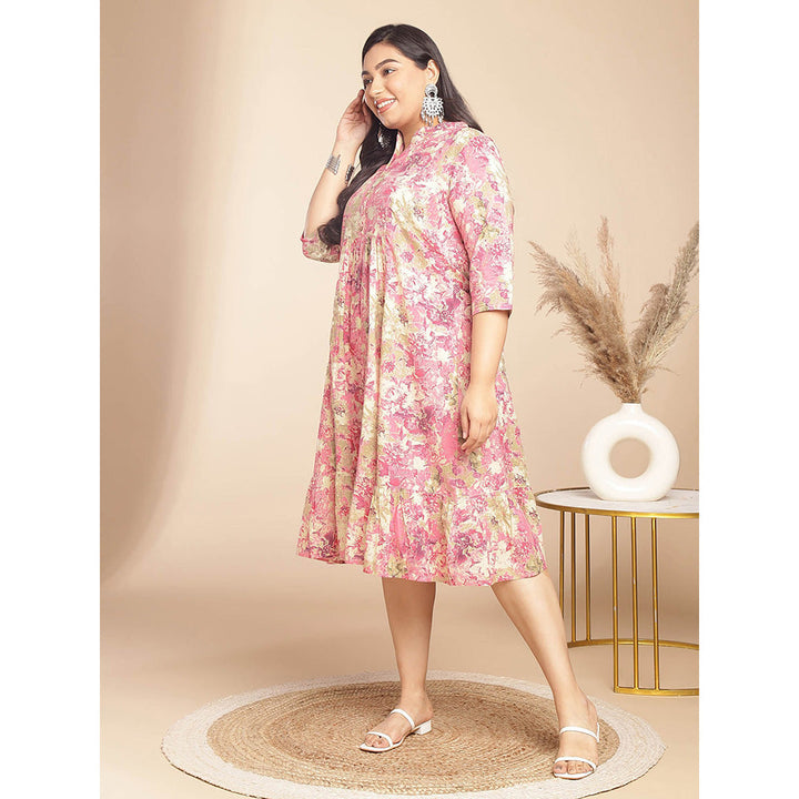 Janasya Women Plus Size Pink Cotton Floral Dress