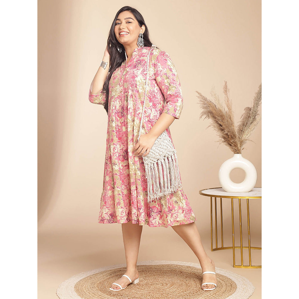 Janasya Women Plus Size Pink Cotton Floral Dress