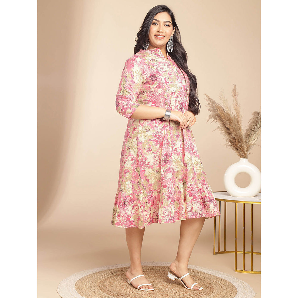 Janasya Women Plus Size Pink Cotton Floral Dress